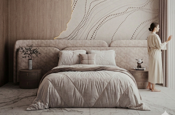 modern bedroom with neutral tones and marble surfaces design